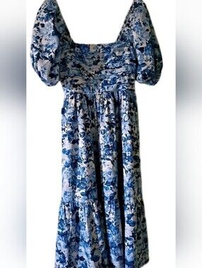 Blue Floral Puff-Sleeve Kids Dress